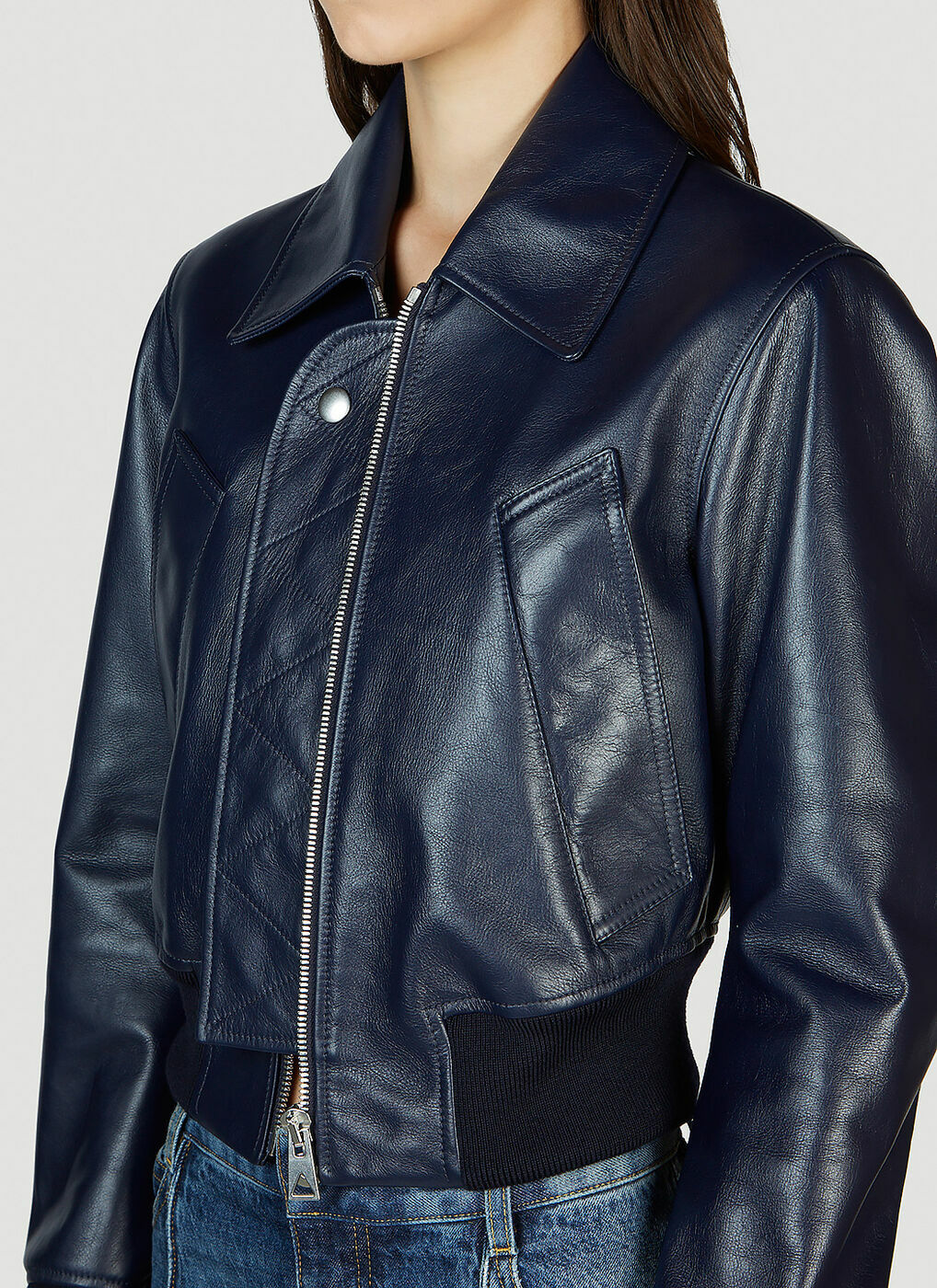 Zip Leather Jacket in Blue Bottega Veneta
