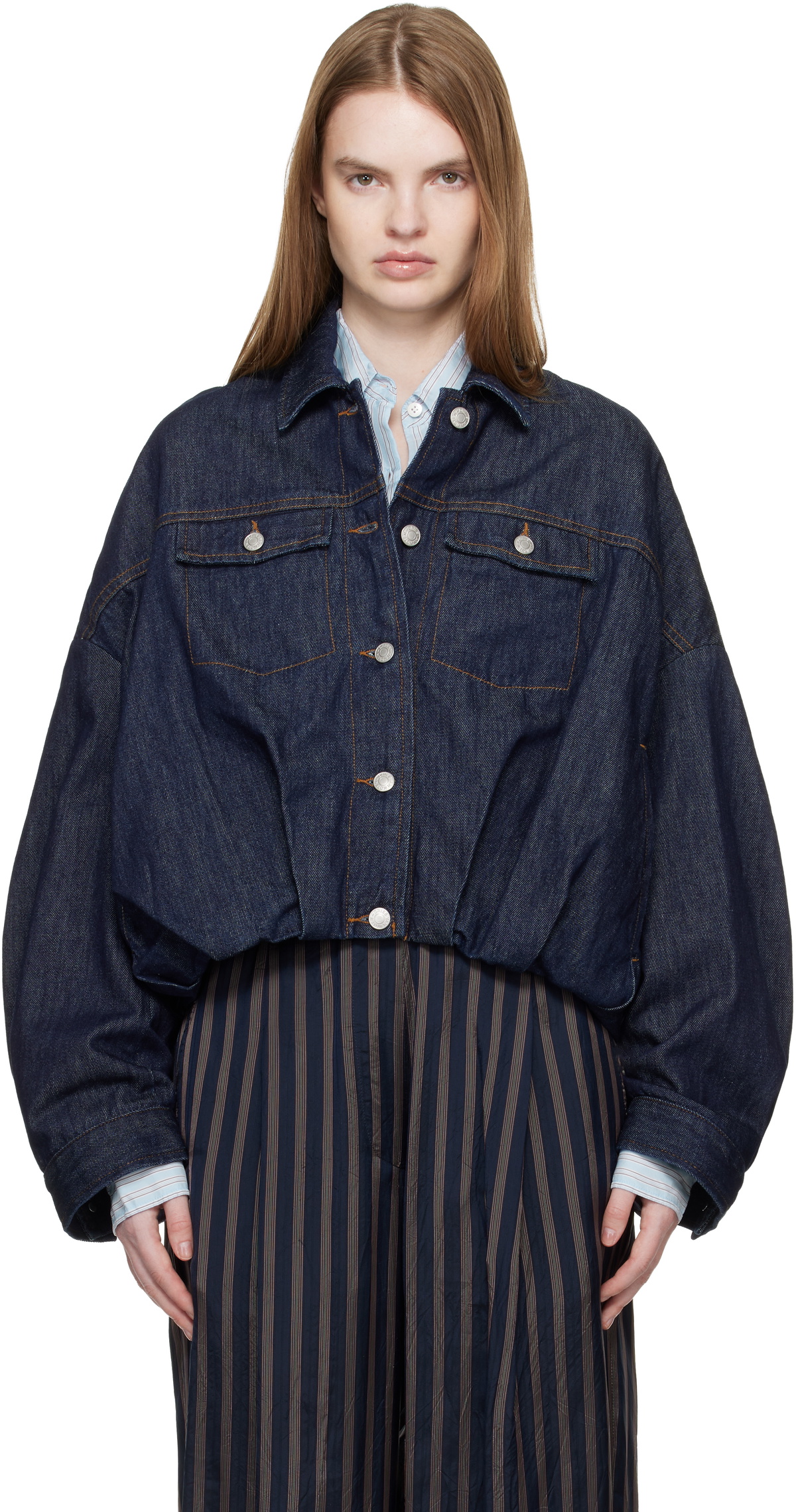 Dries Van Noten Navy Bubble Hem Denim Jacket