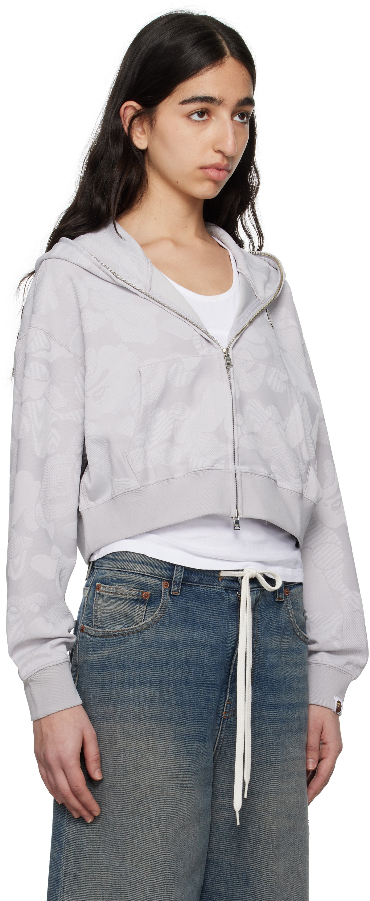 BAPE Gray Solid Camo Jacquard One Point Cropped Zip Hoodie