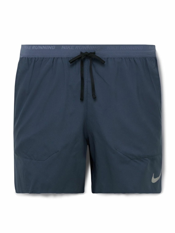 Photo: NIKE RUNNING - Stride Straight-Leg Mesh-Panelled Dri-FIT Ripstop Drawstring Shorts - Blue