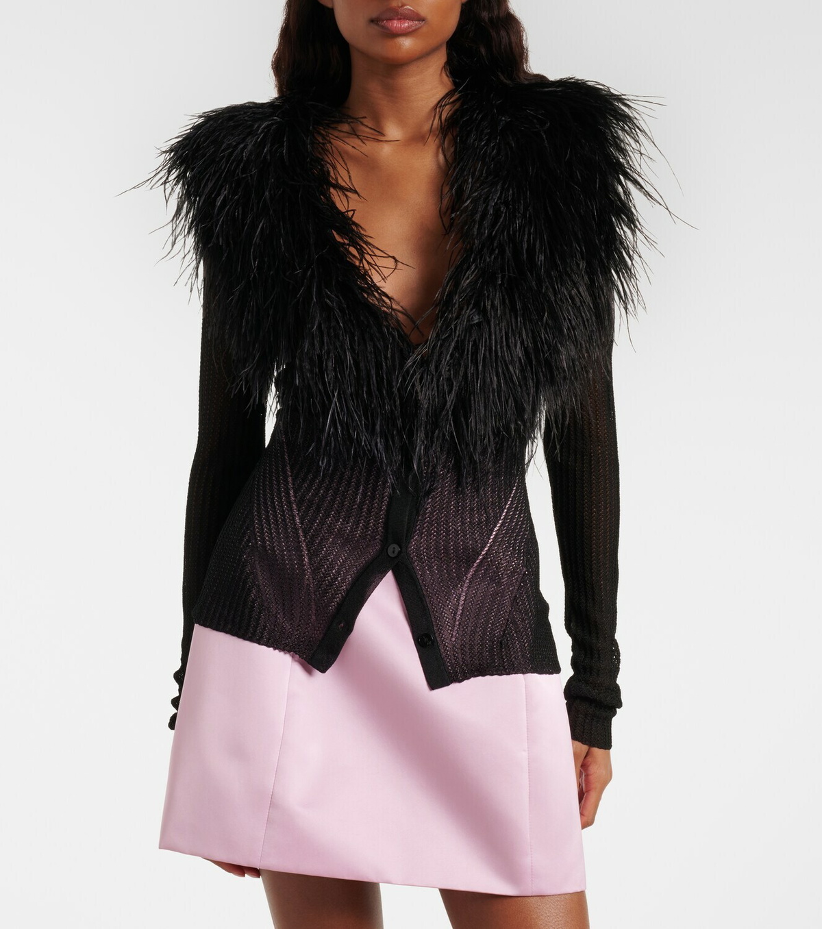 Blumarine Feather-trimmed ribbed-knit cardigan