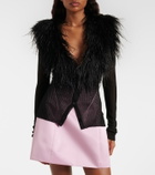 Blumarine Feather-trimmed ribbed-knit cardigan