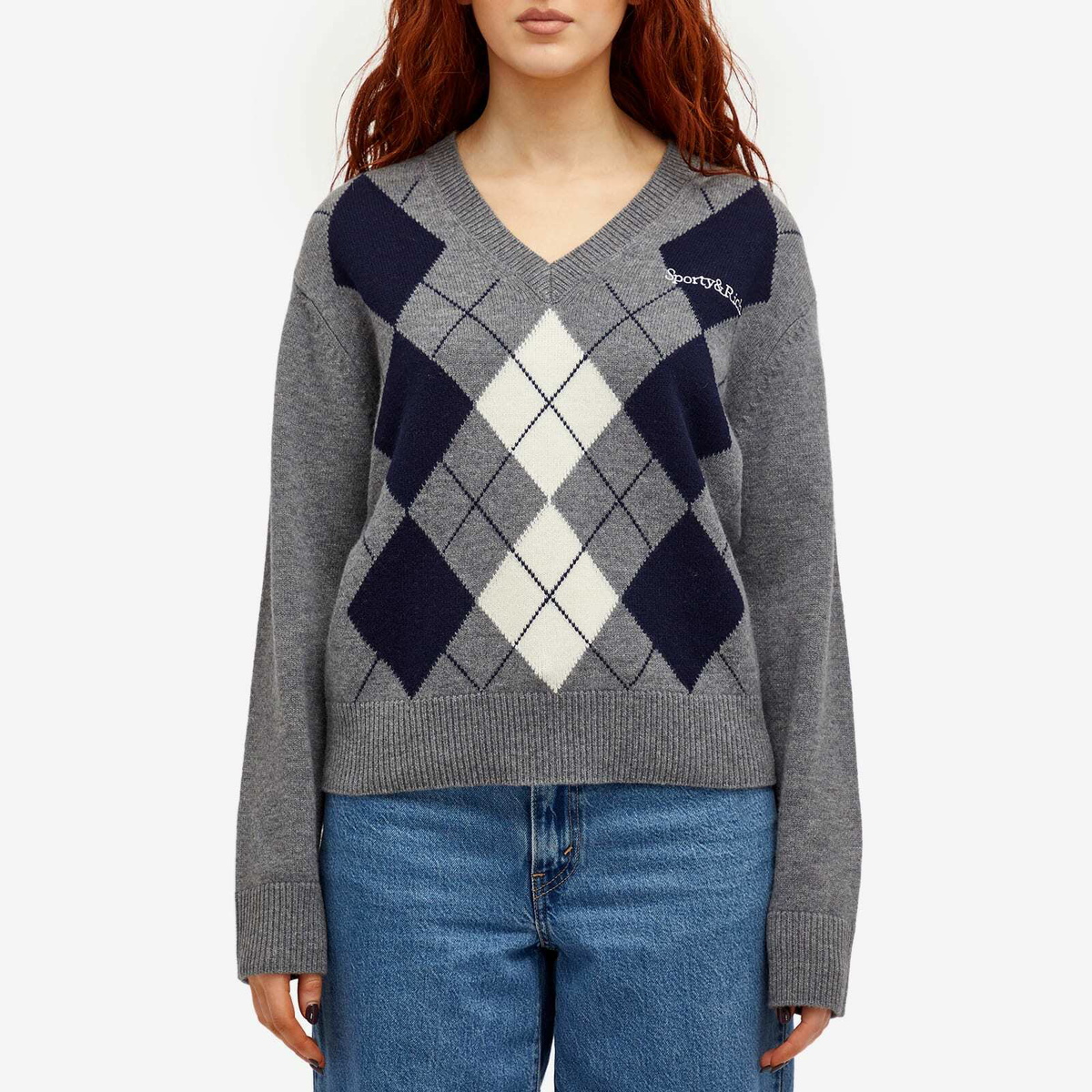 Sporty & Rich Women's Serif Logo Argyle Sweater in Heather Gray
