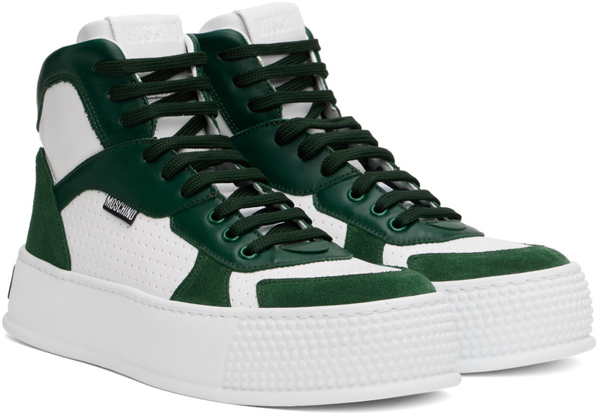 Moschino White & Green Bumps & Stripes High-Top Sneakers