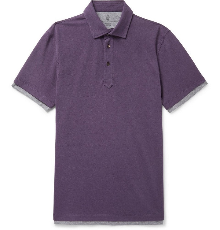 Photo: Brunello Cucinelli - Slim-Fit Jersey-Trimmed Cotton-Piqué Polo Shirt - Men - Purple