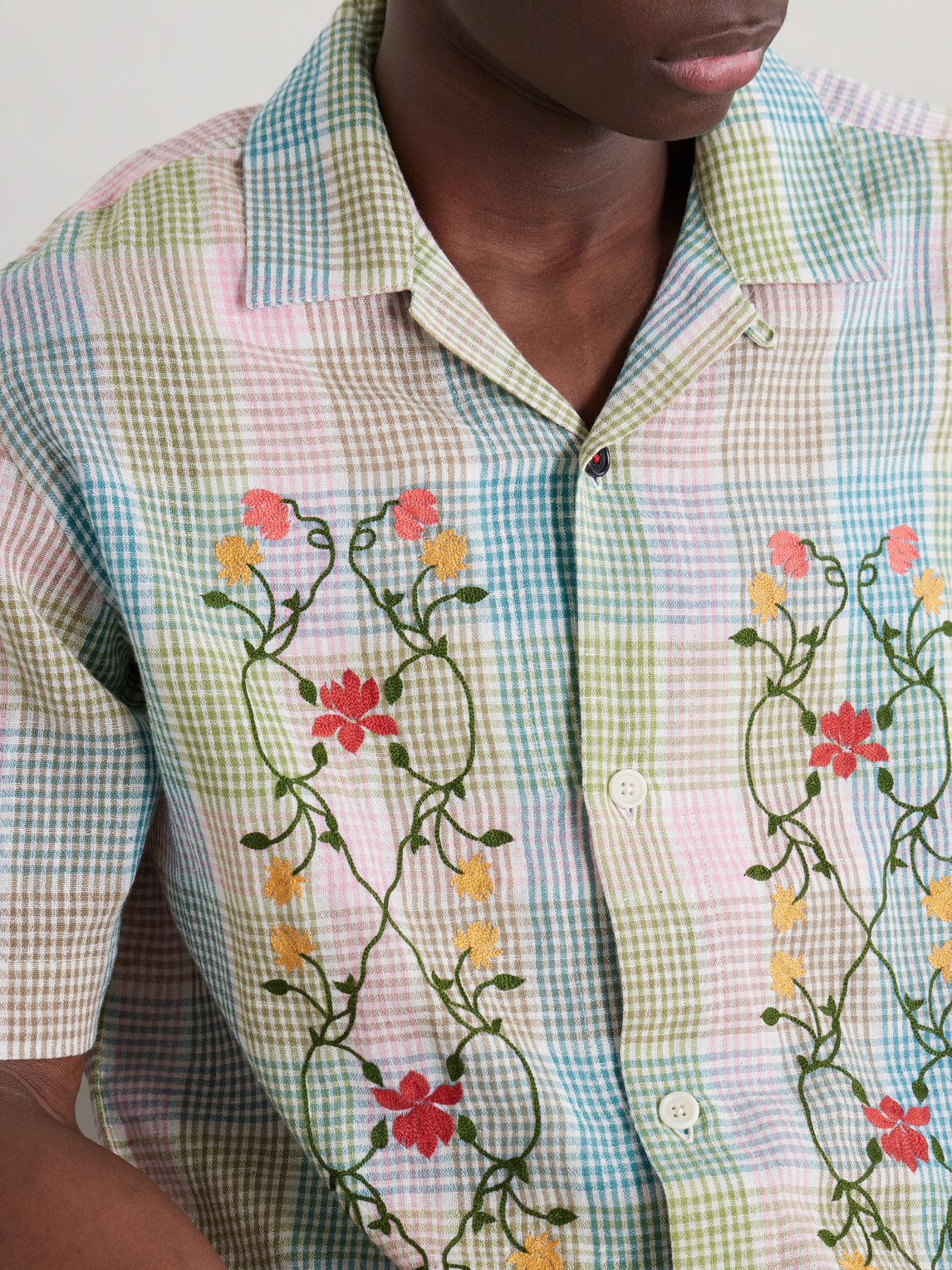 Kardo - Ronen Camp-Collar Floral-Embroidered Checked Cotton and Linen-Blend Shirt - Multi