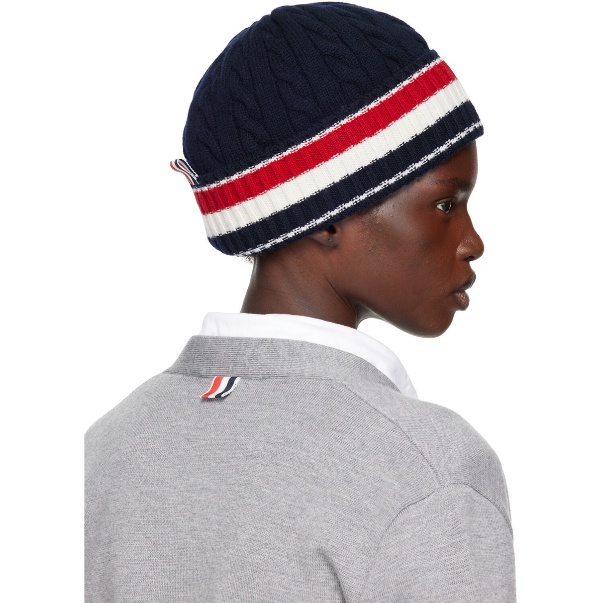 Thom Browne Navy Cable & Rib Merino Wool RWB Stripe Beanie