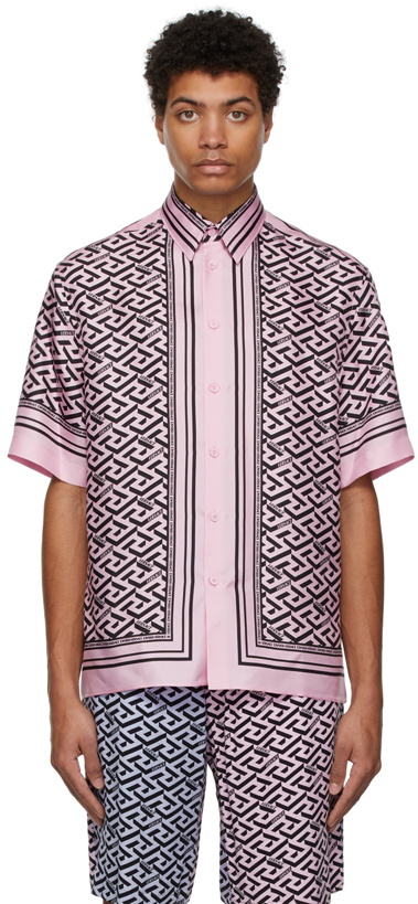 Photo: Versace Pink & Black Silk Signature Short Sleeve Shirt