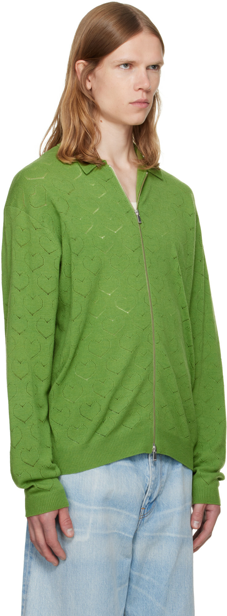 vowels Green Eyelet Knitted Zip-Up Sweater
