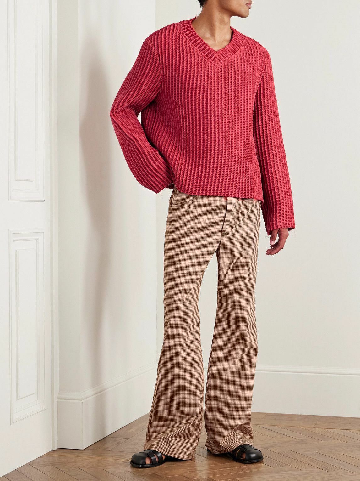Séfr - Agustin Distressed Waffle-Knit Cotton-Blend Sweater - Red