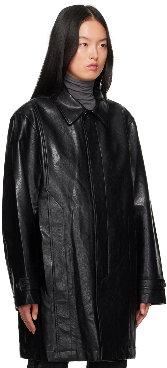 Youth Black Single-Breasted Faux-Leather Coat