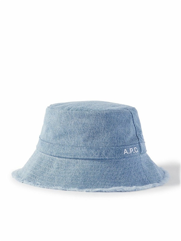 Photo: A.P.C. - Logo-Print Frayed Denim Bucket Hat - Blue