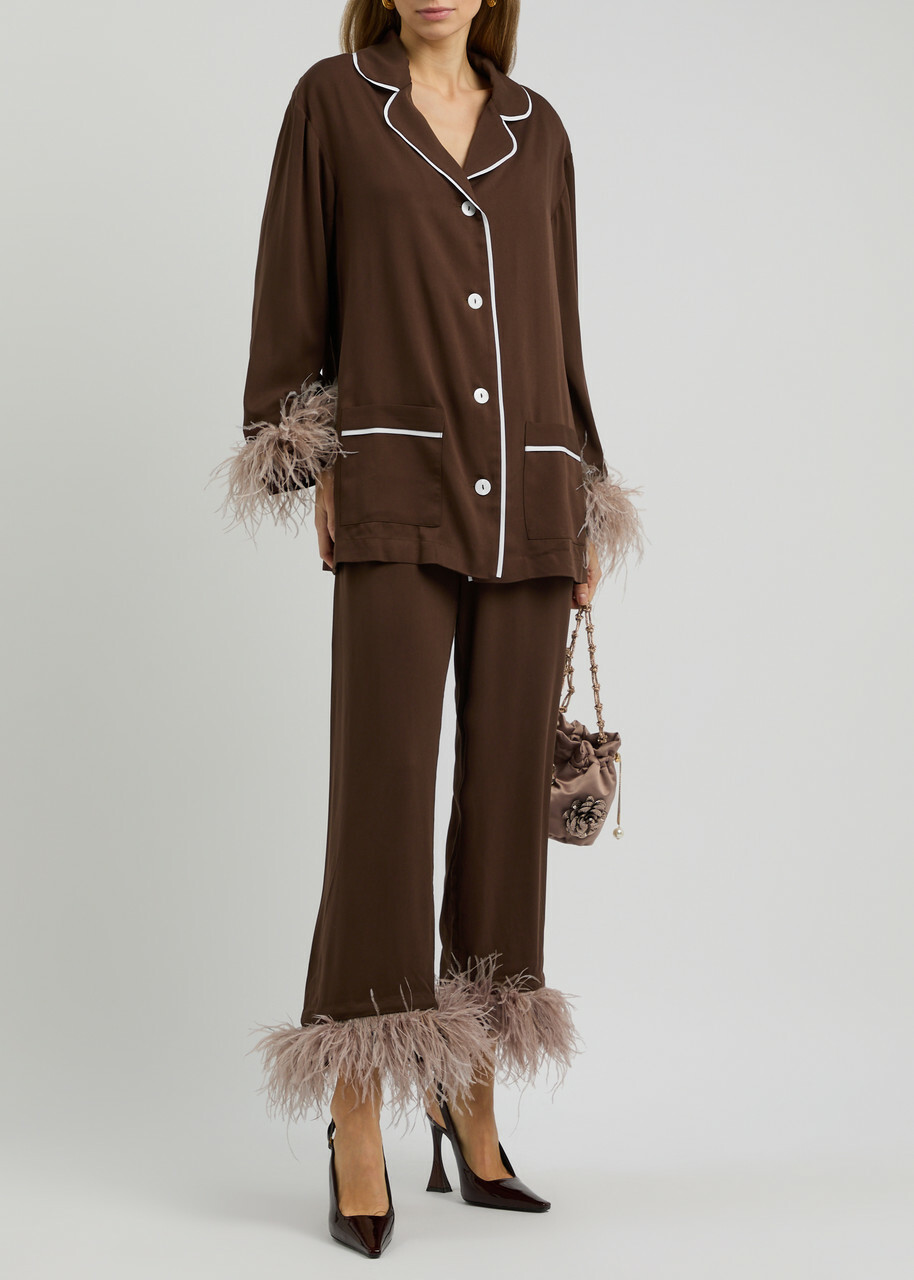 Sleeper Party Feather-trimmed Pyjama set Brown