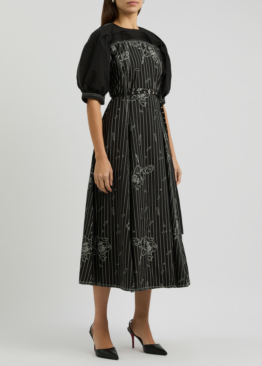 Lovebirds Printed Belted Cotton Midi Dress Black