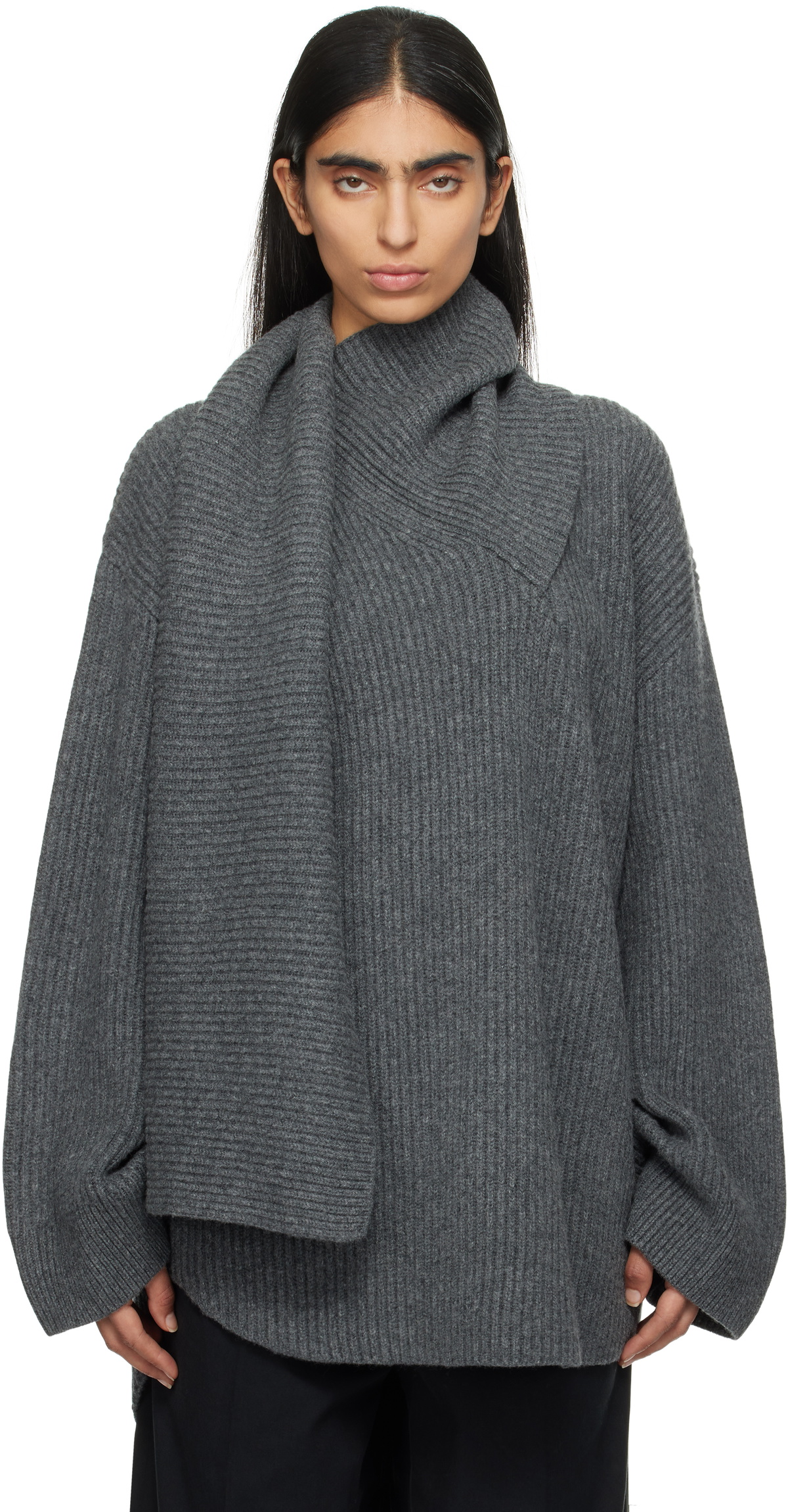 TOTEME Gray Long Scarf Knit Sweater