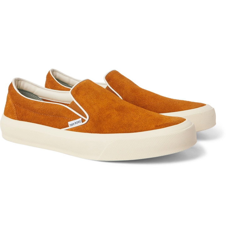 Photo: TOM FORD - Cambridge Leather-Trimmed Suede Slip-On Sneakers - Orange
