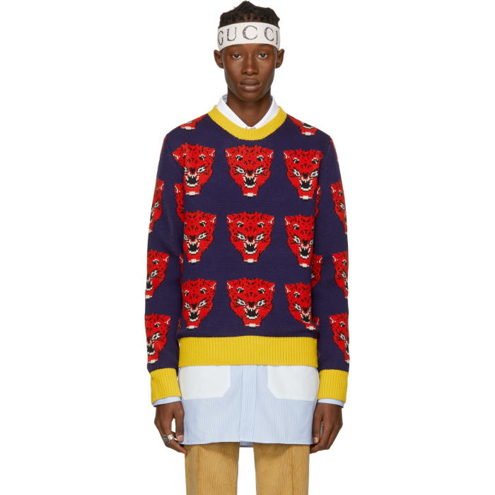 Photo: Gucci Navy and Red Jacquard Tiger Sweater