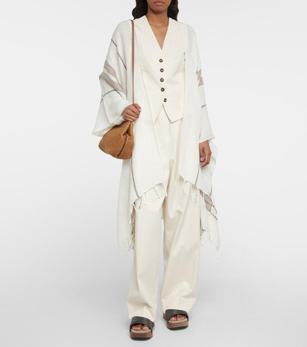 Brunello Cucinelli - Linen-blend striped lamé cape