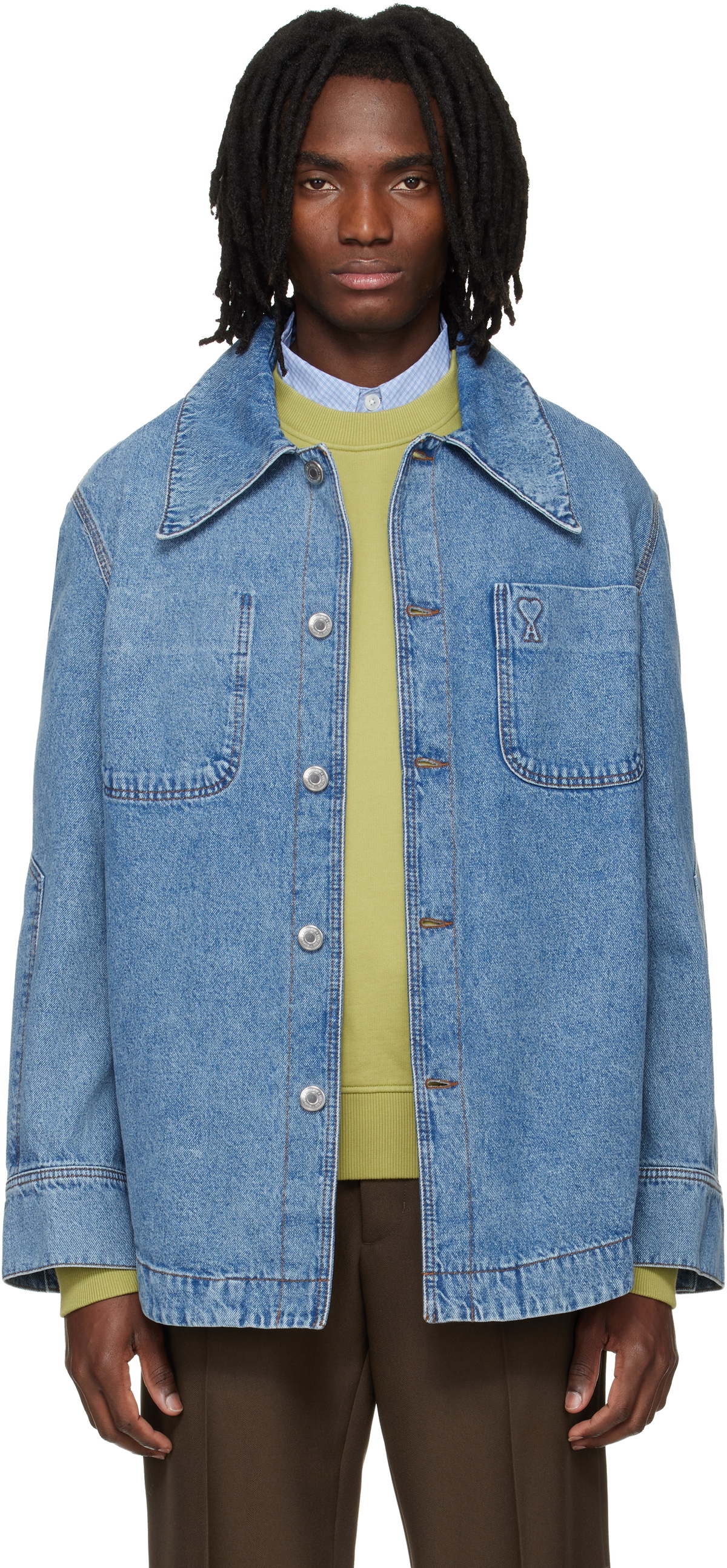 ami デニム ボンバージャケット AMI Paris Men's Zipped Denim Bomber Jacket in Blue AMI