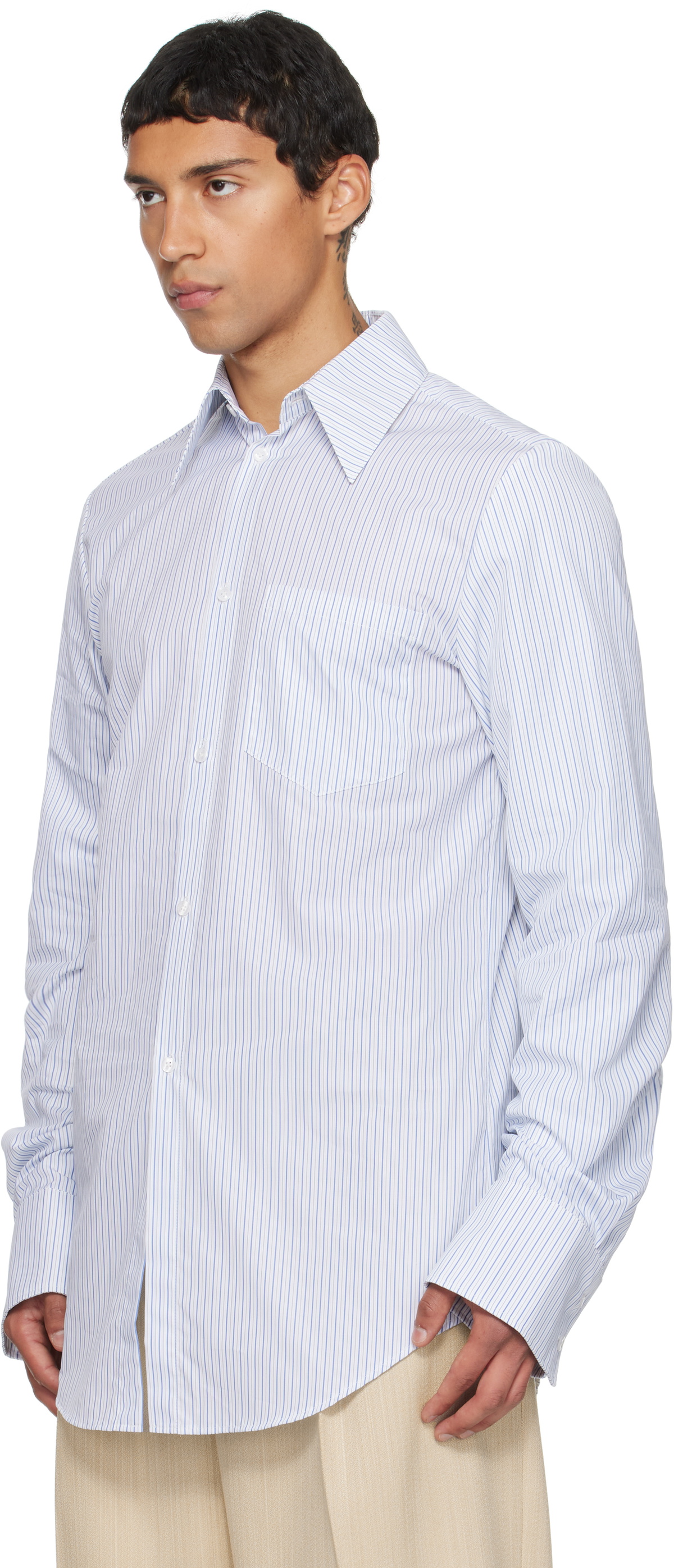 EGONlab White & Blue Double Sleeves Shirt