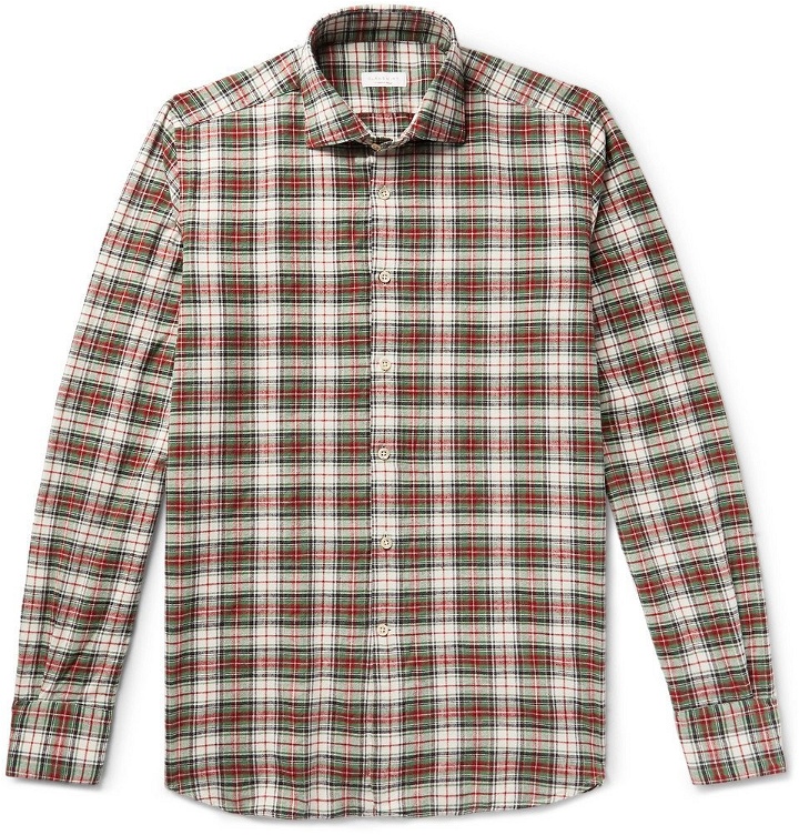 Photo: Incotex - Ween Slim-Fit Cutaway-Collar Checked Cotton-Flannel Shirt - Men - Green