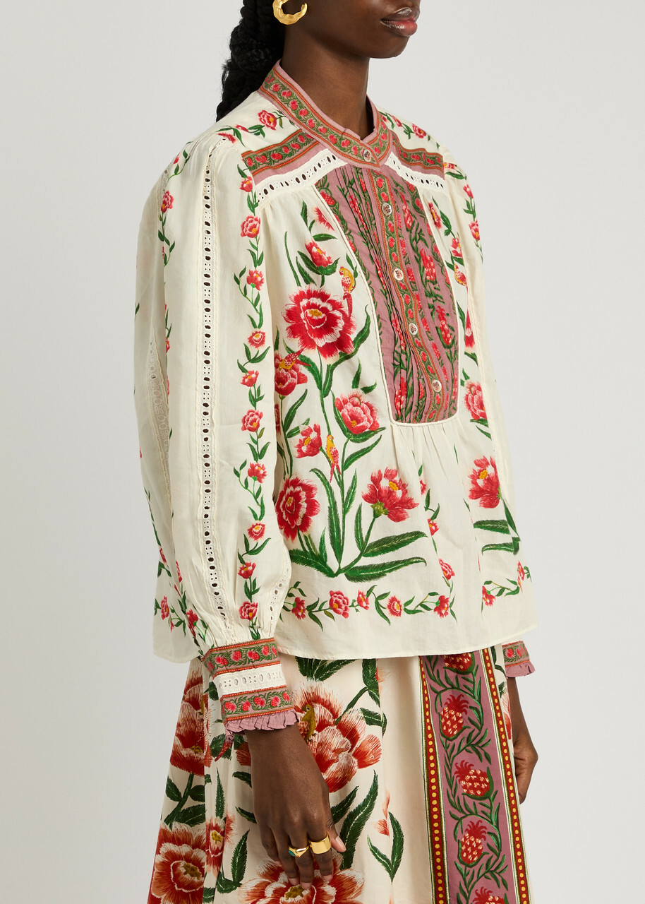 Farm Rio Anika Floral-print Cotton-blend Blouse Cream Farm Rio
