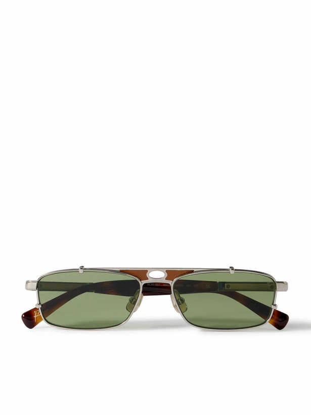 Photo: Brunello Cucinelli - Square-Frame Leather-Trimmed Silver-Tone Sunglasses