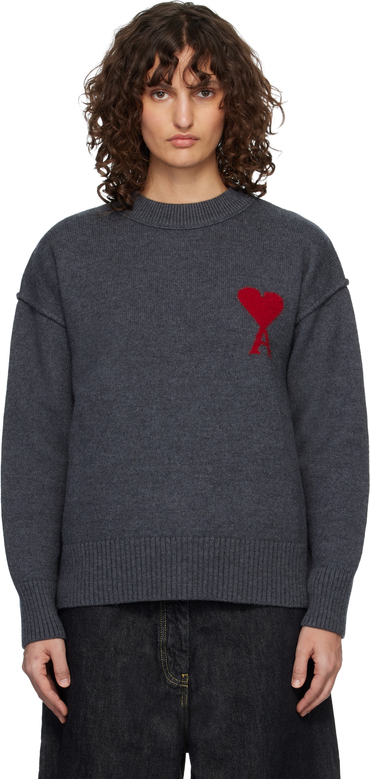AMI Paris Gray Wool Crewneck Ami de Coeur Sweater