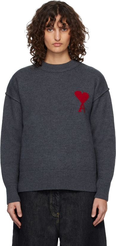Photo: AMI Paris Gray Wool Crewneck Ami de Coeur Sweater