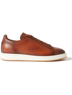 BRUNELLO CUCINELLI - Burnished Pebble-Grain Leather Sneakers - Brown