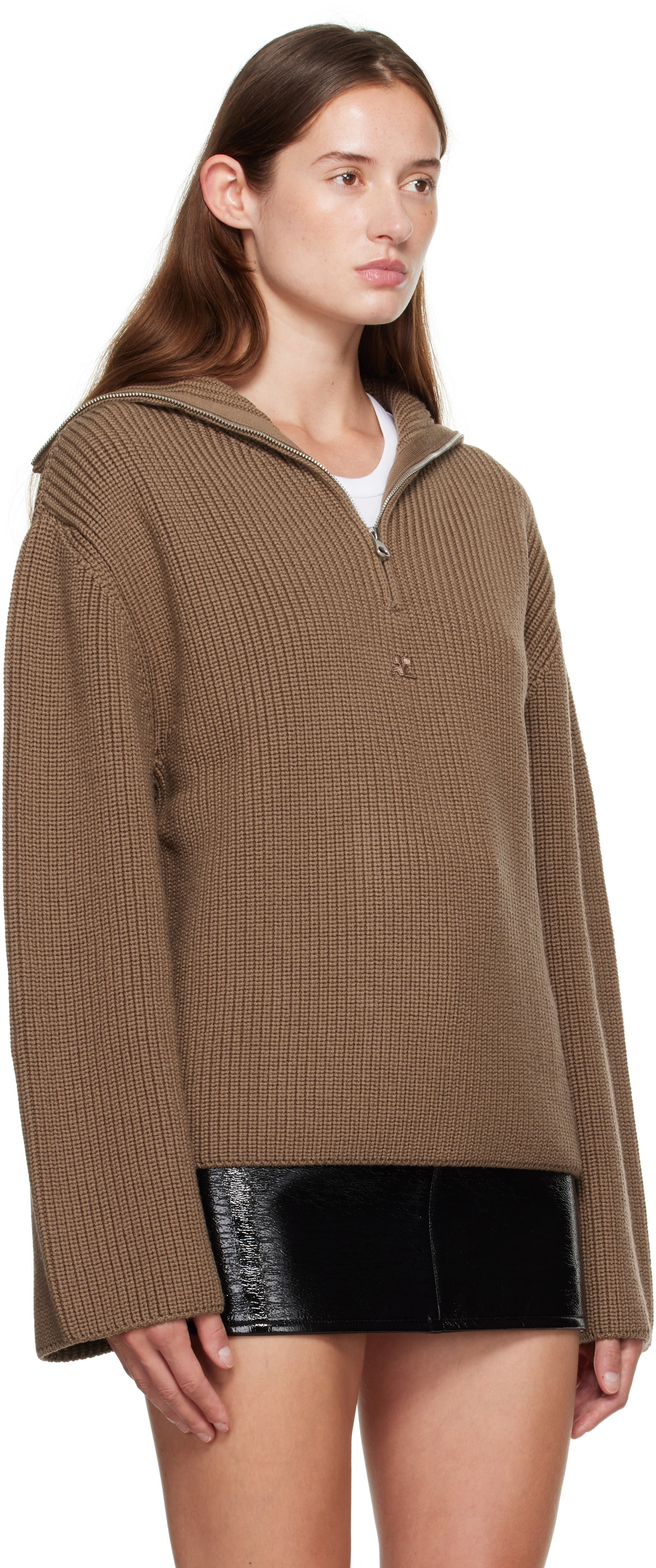 Courrèges Brown Ribbed Wool Trucker Sweater