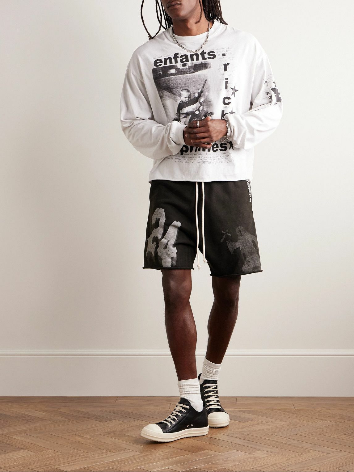 RRR123 - Enemy Straight-Leg Logo-Print Cotton-Jersey Drawstring Shorts - Black