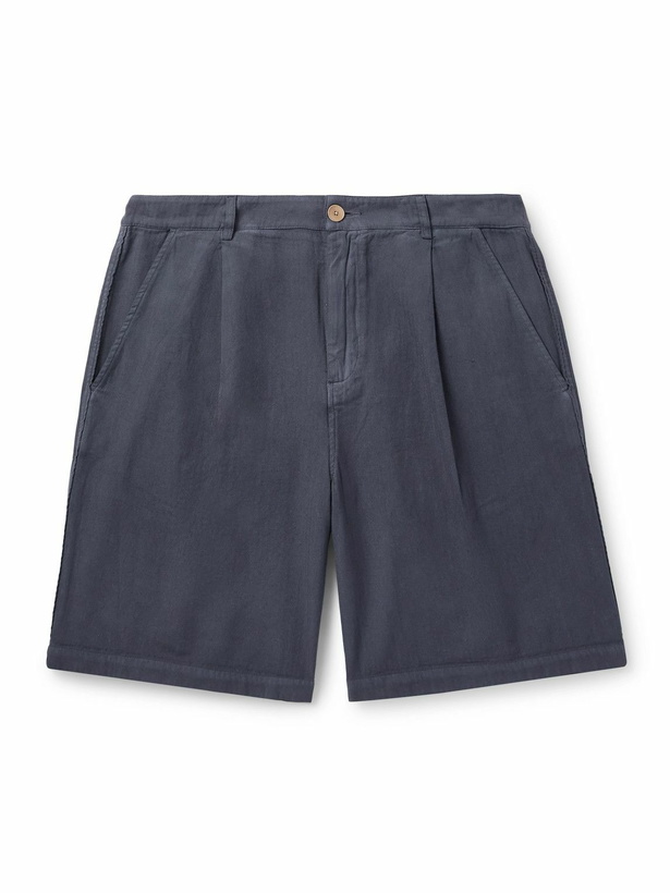 Photo: Folk - Wide-Leg Pleated Garment-Dyed Herringbone Cotton Shorts - Blue
