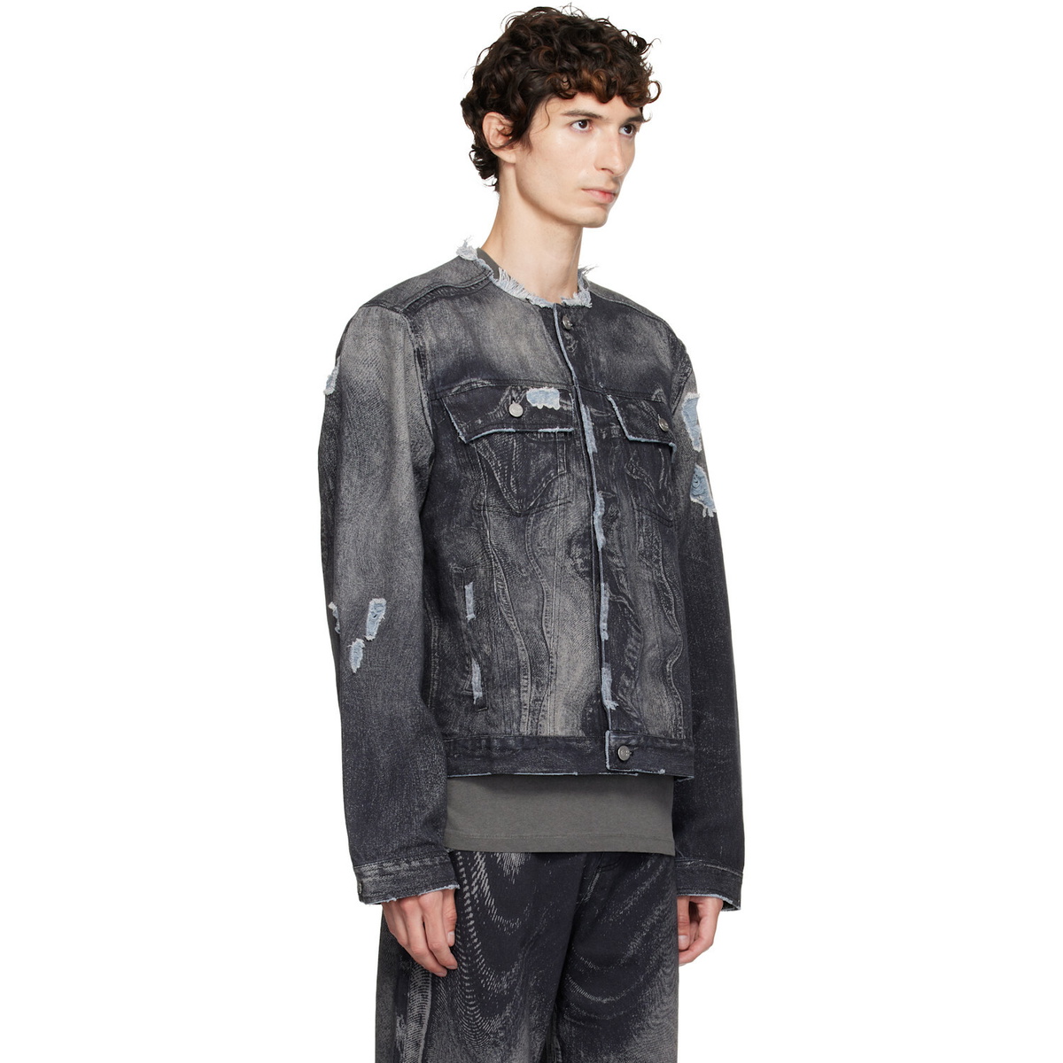 CAMPERLAB Black Distorted Print Distressed Denim Jacket