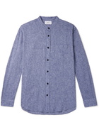 MR P. - Grandad-Collar Mélange Linen and Cotton-Blend Shirt - Blue