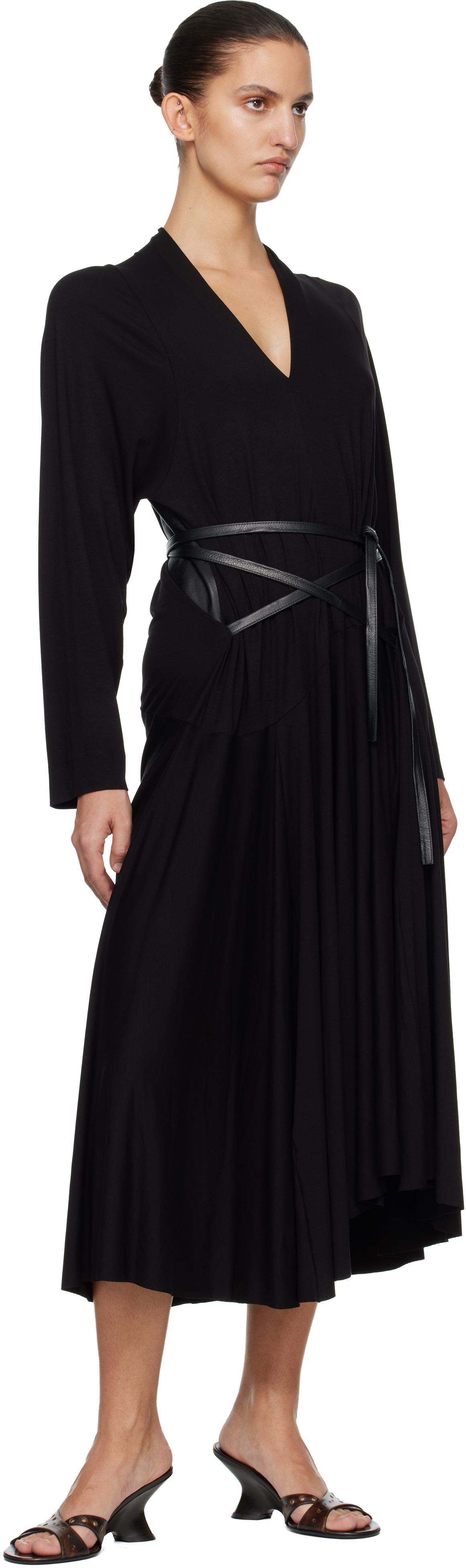 AARON ESH Black Jersey & Leather Wrap Midi Dress