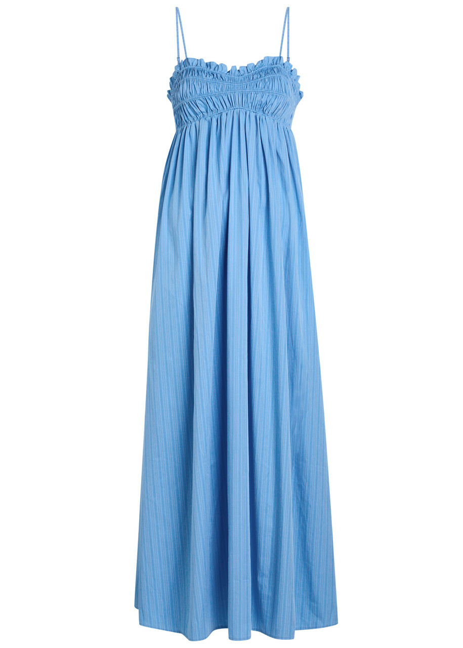 Faithfull The Brand Presa Pinstriped Cotton Maxi Dress Blue