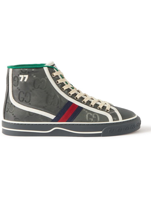 Photo: Gucci - Off the Grid Webbing-Trimmed Monogrammed ECONYL Canvas High-Top Sneakers - Gray