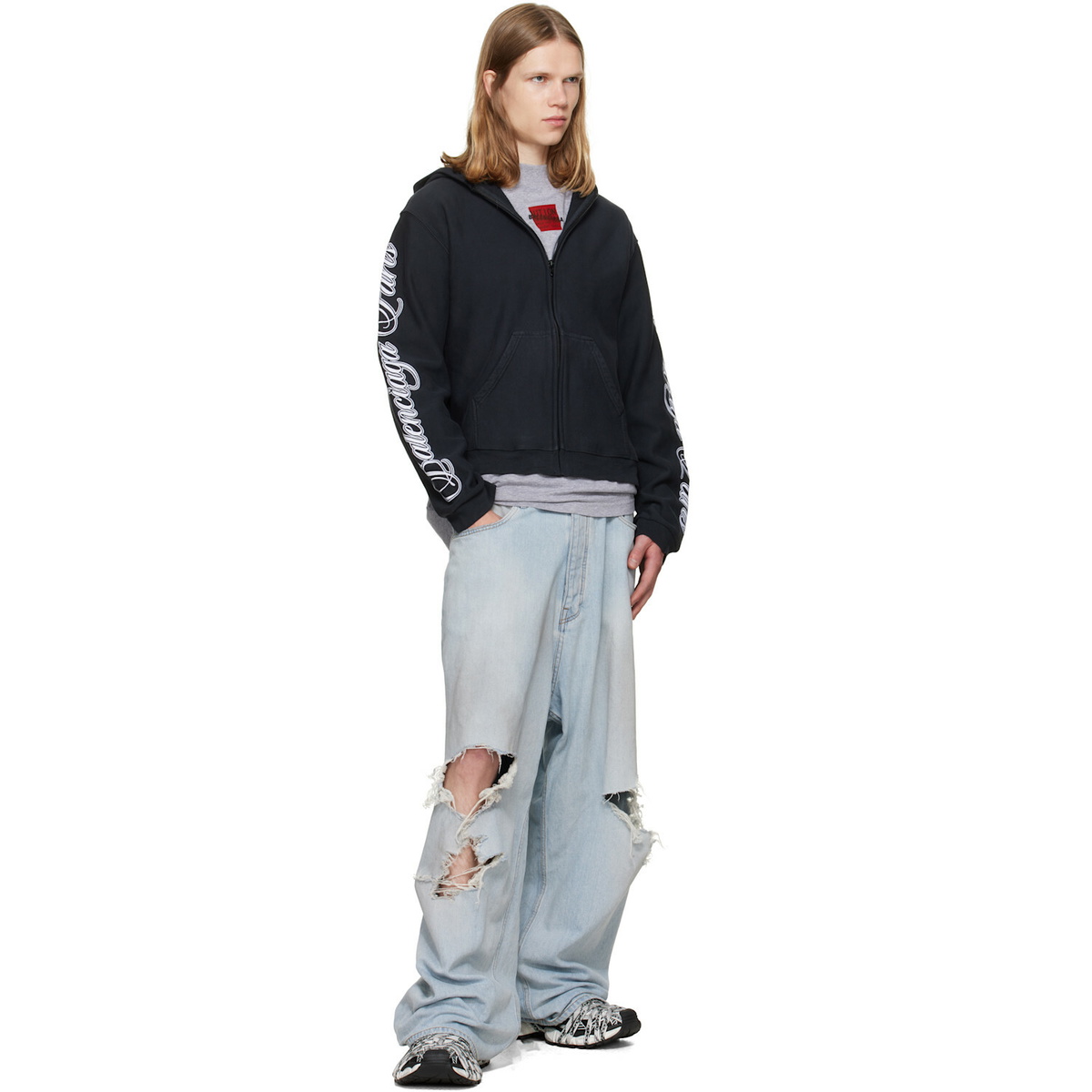 Balenciaga Black Cursive Zip-Up Regular Fit Hoodie