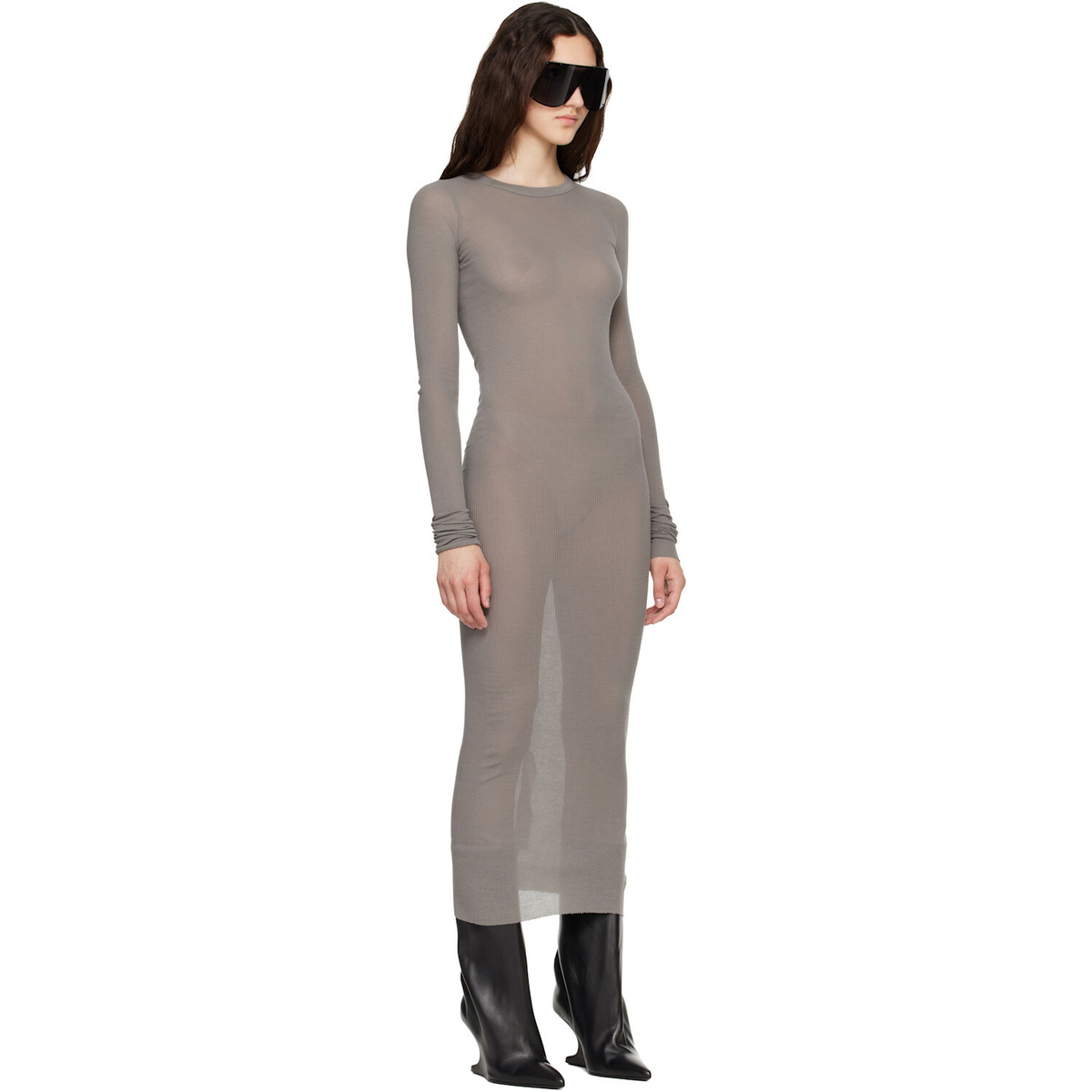 Rick Owens Taupe Tower Rib LS Midi Dress