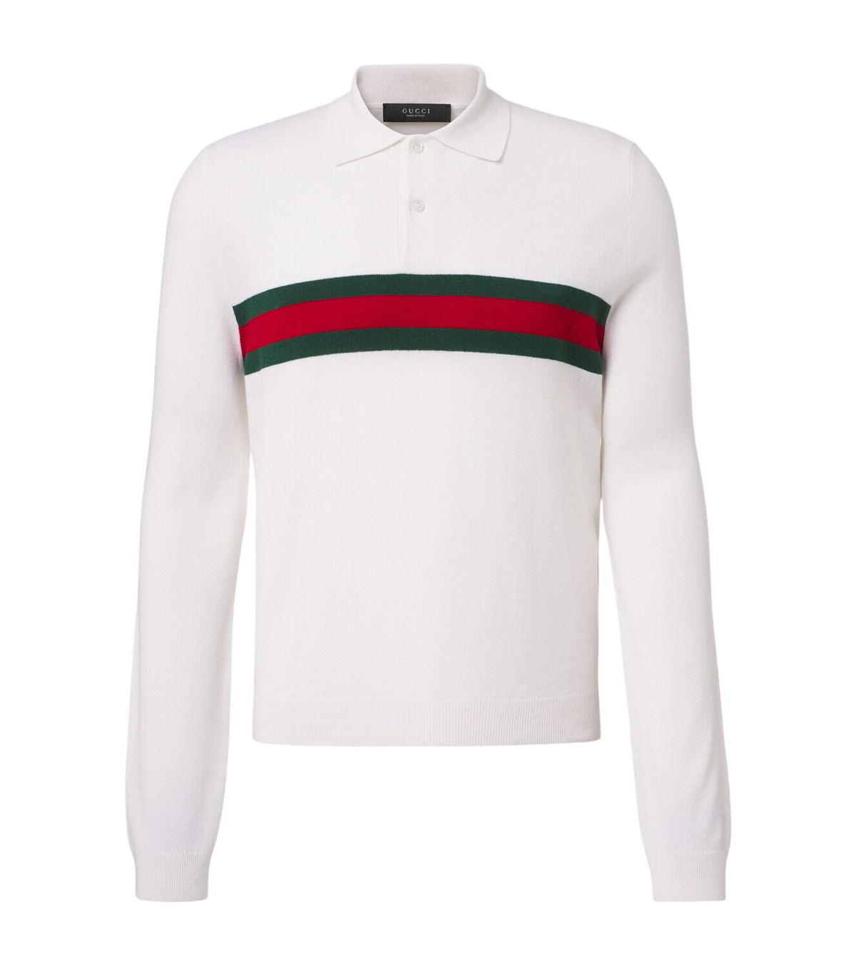 Gucci Men's GG Logo Resort Knitted Polo Shirt in Ivory/Red/Green Gucci