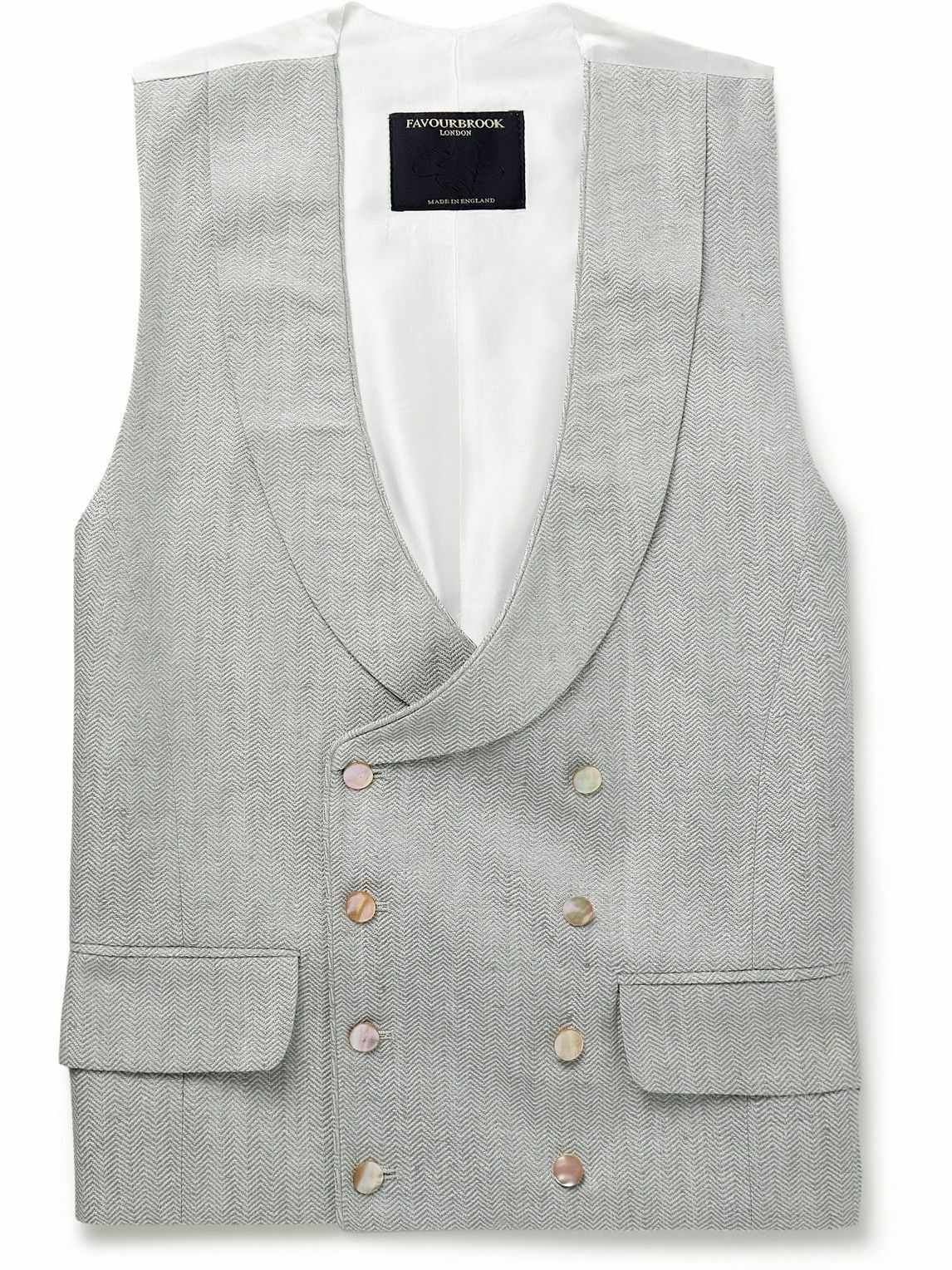 Favourbrook - Randwick Slim-Fit Double-Breasted Herringbone Linen and Silk-Blend and Satin Waistcoat - Green