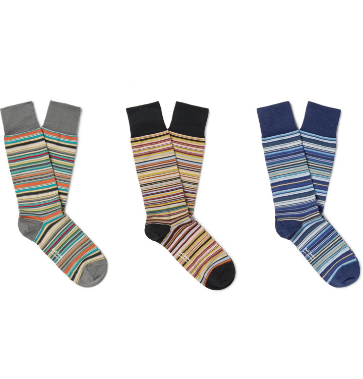 Photo: Paul Smith - Three-Pack Striped Stretch-Cotton Blend Socks - Multi