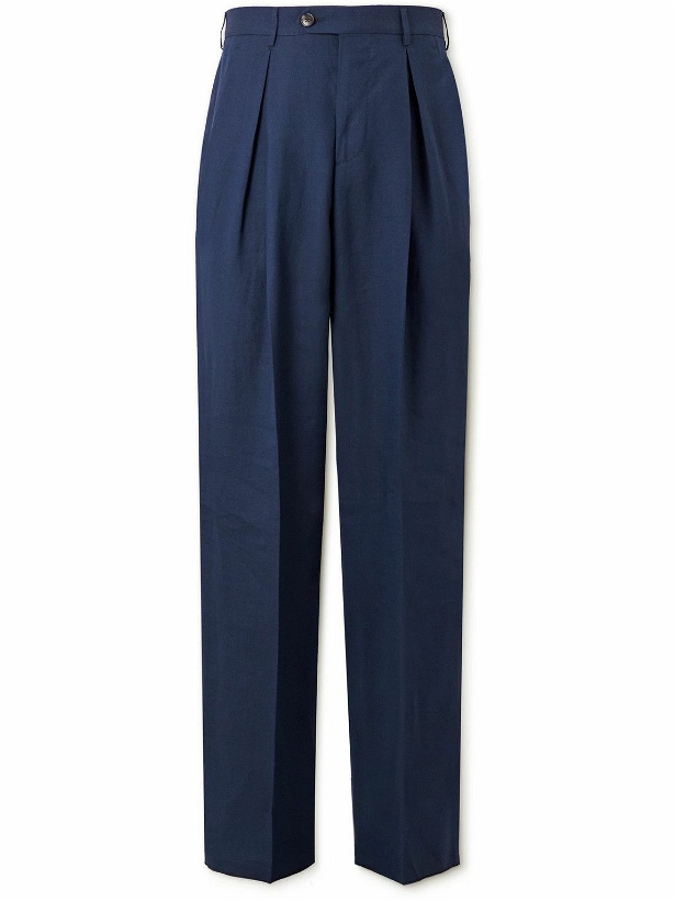 Photo: UMIT BENAN B - Straight-Leg Pleated Linen and Wool-Blend Trousers - Blue