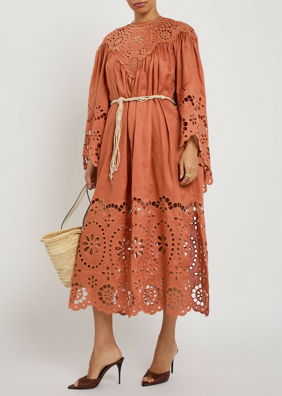 Zimmermann Awaken Embroidered Woven Yoki Maxi Dress Orange