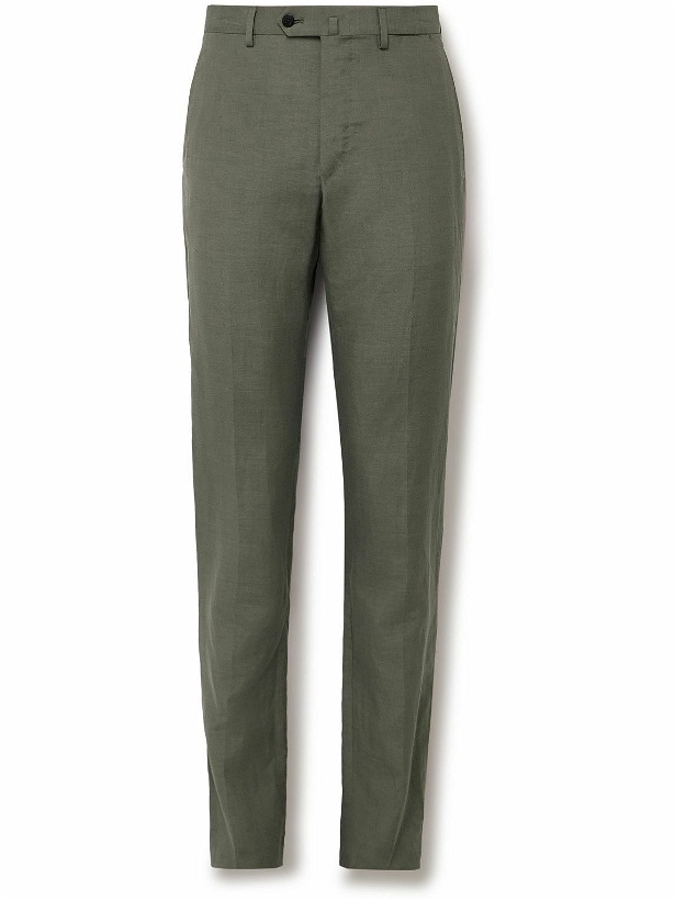 Photo: Caruso - Slim-Fit Tapered Slub Silk and Linen-Blend Trousers - Green