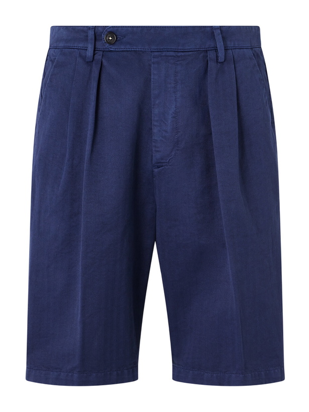 Photo: Massimo Alba - Cliff Straight-Leg Pleated Herringbone Cotton Bermuda Shorts - Blue