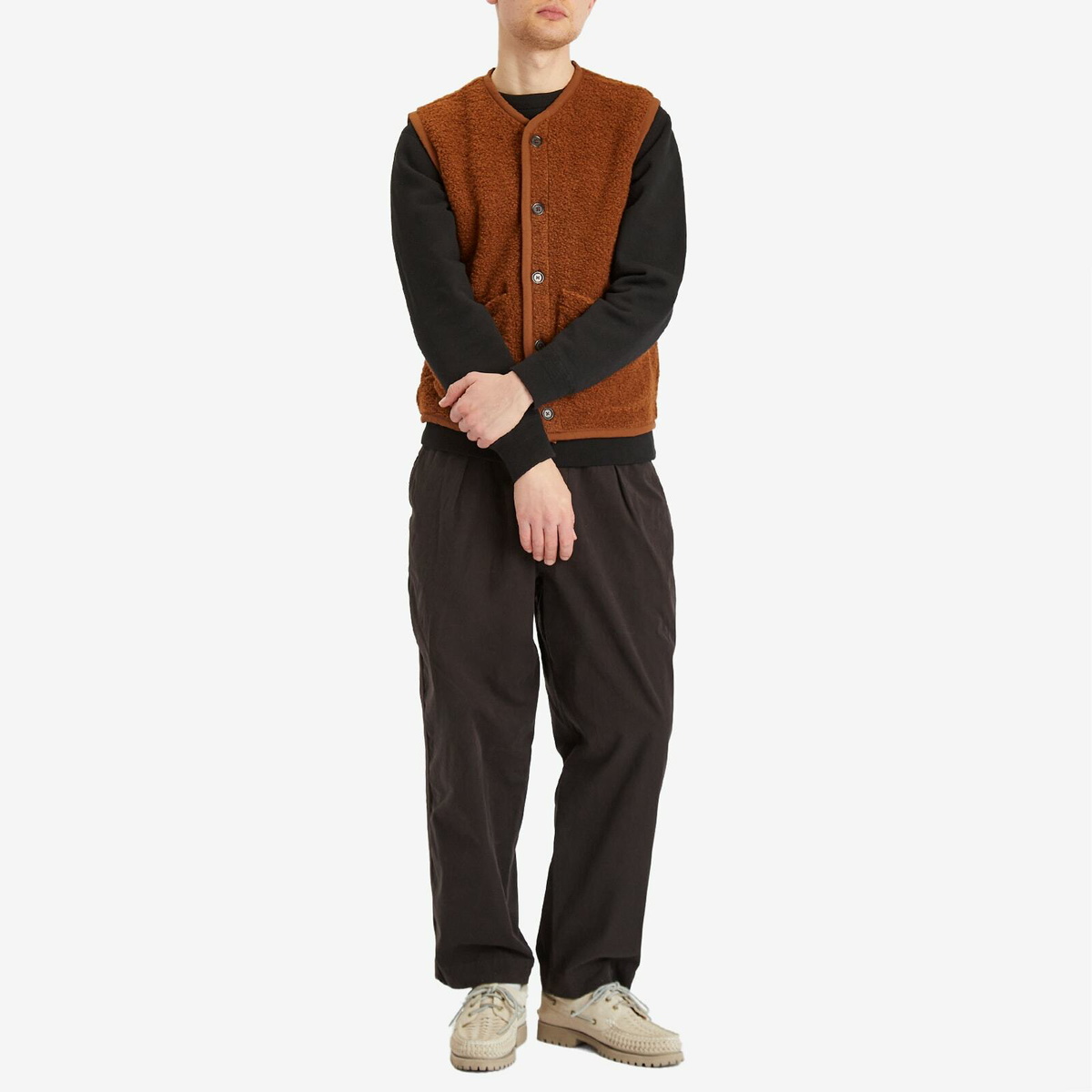 Universal Works Men's Boucle Alvar Fleece Lancaster Gilet in Brown