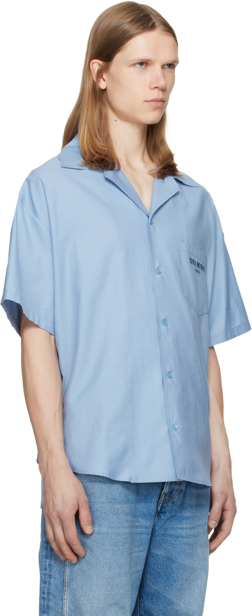 BALMAIN Blue Herringbone Poplin Short Sleeve Shirt