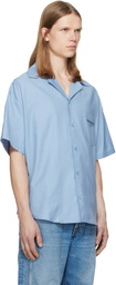 BALMAIN Blue Herringbone Poplin Short Sleeve Shirt